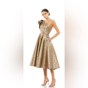 Gold One Shoulder Brocade Bow Midi Ball Gown Dress with Pockets #67906 SIze 14